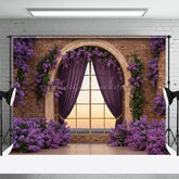 Lofaris Bricks Wall Window Purple Floral Wedding Backdrop